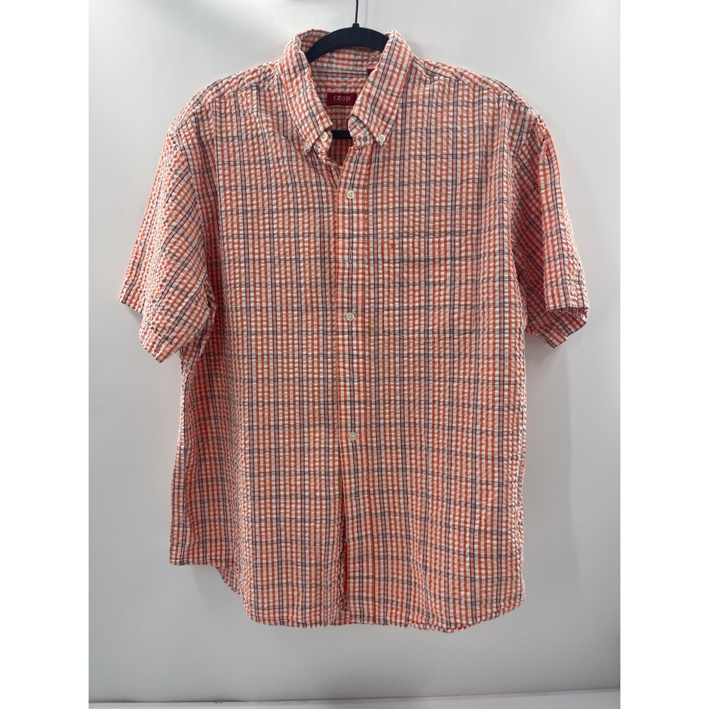 IZOD Luxury Sport Mens Large Orange Gingham Seersucker Short Sleeve Button Down
